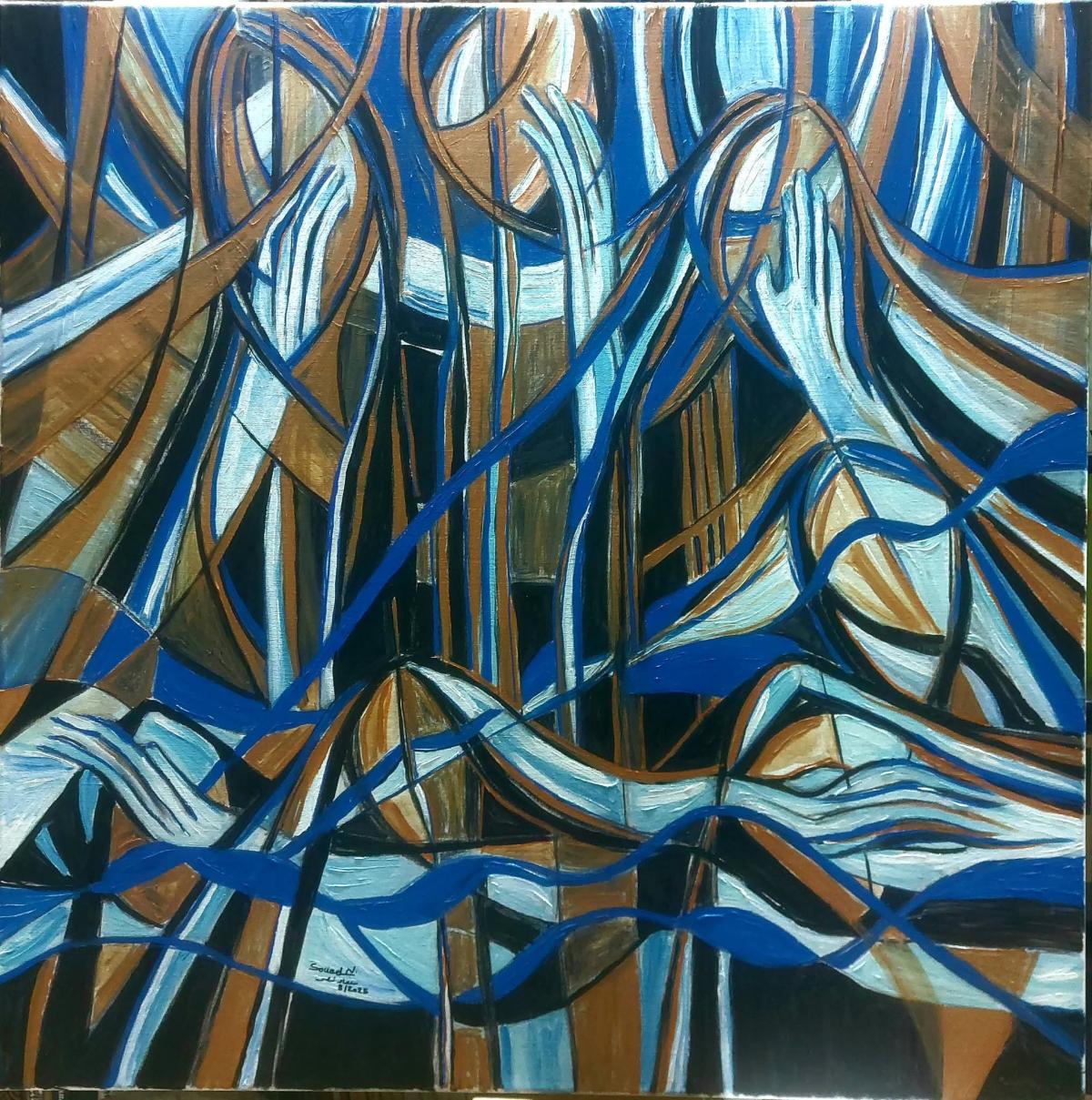 لوحة "دموع الأمهات"، سعاد نصر (مخول)، 2025، ألوان أكريليك على قماش، 100×100 سم