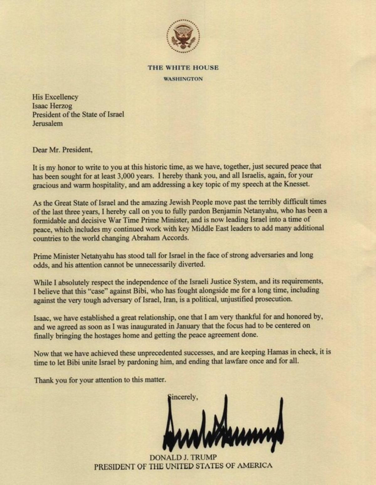 هذه المرة برسالة رسمية: ترامب يطالب هرتسوغ  بمنح العفو لنتنياهو